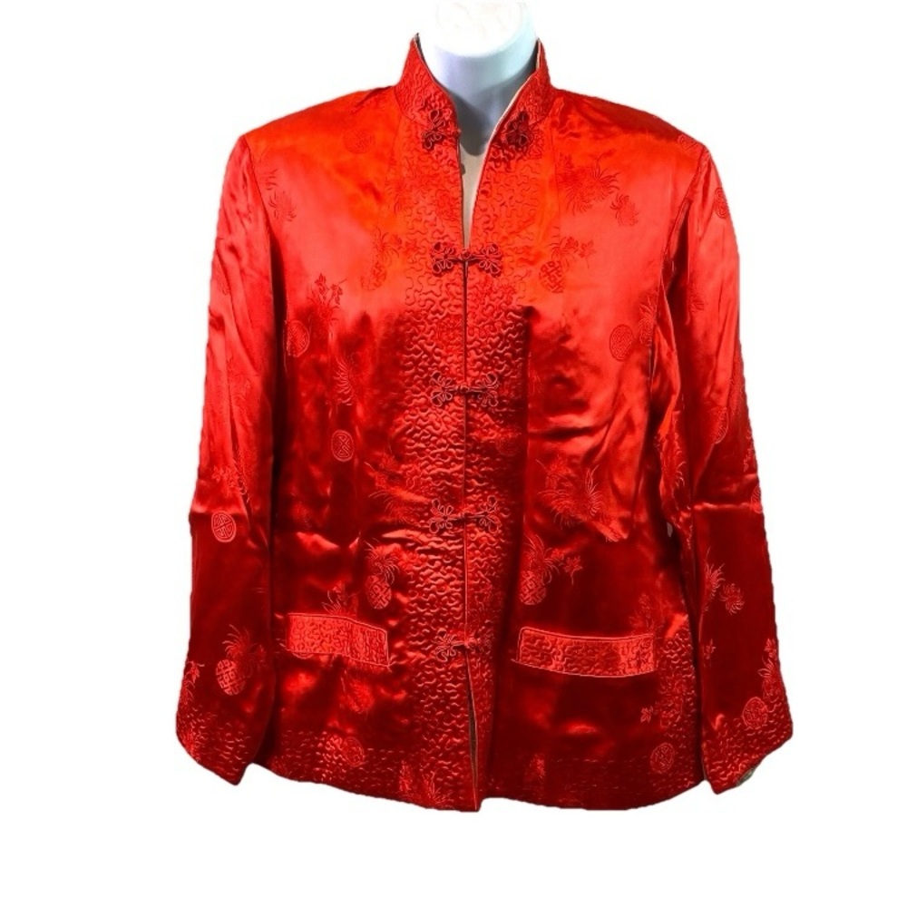 Vtg 80s Peony Brand Womens Reversible Jacket Red Silver LS Rayon Sz M